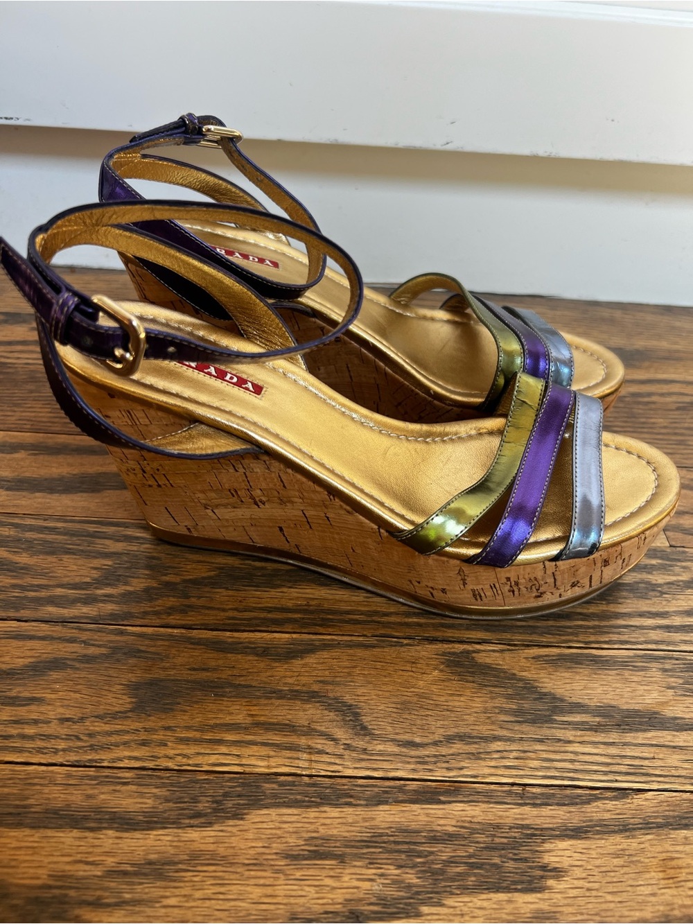 Prada Metallic Multicolor Cork Wedge Sandals Shoes 7.5